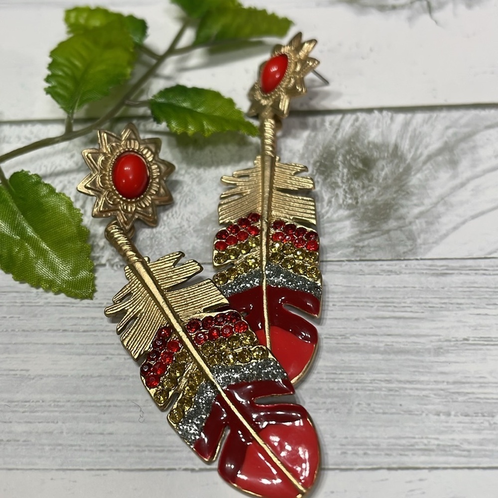 Stylish Red And Rhinestone Feather Gold Drop Earrings - Picture 11 of 14